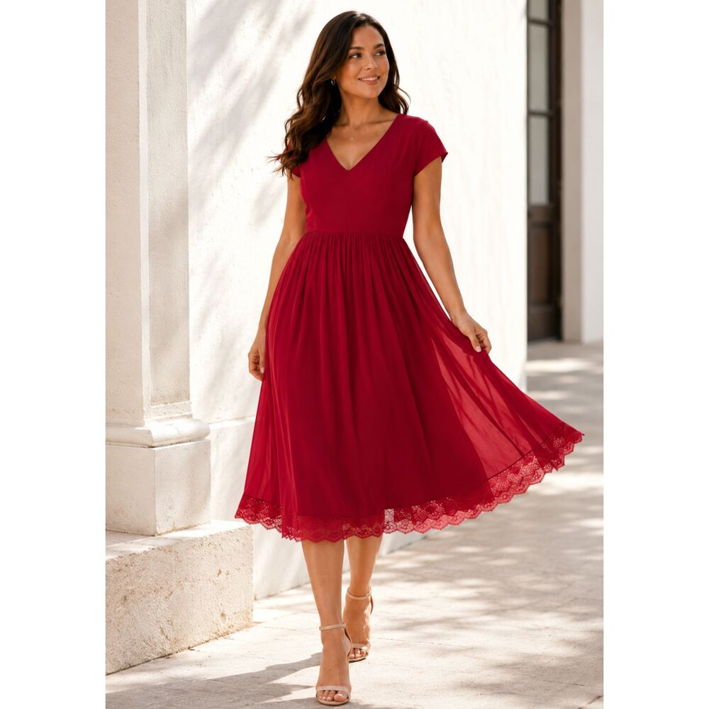 Dress the Population Red Chiffon Crepe Midi Dress XXL NWT Wedding Guest Party